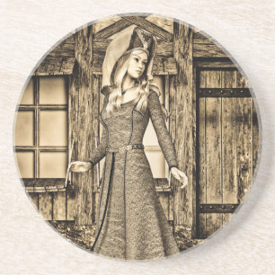 Sepia Middeleeuwse Prinses Renaissance Kunst Zandsteen Onderzetter
