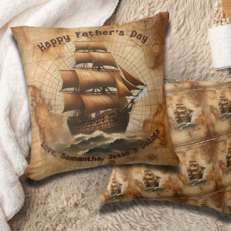 Sepia Nautische Kaart en Zeilschip Kussen