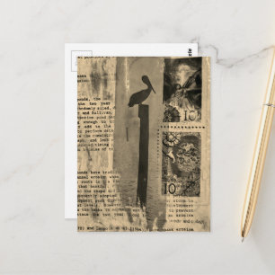 Sepia Pelikaan mixed media collage Briefkaart