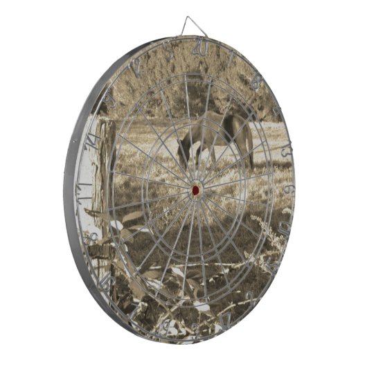 Sepia tone Bruin paard en hek Dartbord (Voorkant Links)