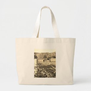 Sepia tone Bruin paard en hek Grote Tote Bag