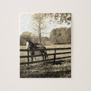 Sepia Tone Foto van het zwarte en witte paard Legpuzzel