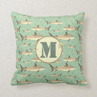 Sepia Tone Waterverf Monogram Haaien Kwallen Kussen
