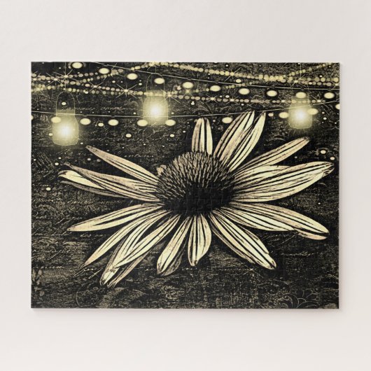 Sepia Toned Coneflower onder Golden Jar Lights Legpuzzel (Horizontaal)