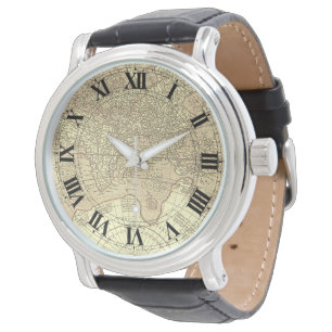 Sepia  Wereldkaart met Roman Numerals Horloge