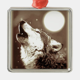 Sepia Wolf en Moon Metalen Ornament