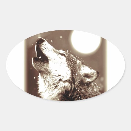 Sepia Wolf en Moon Ovale Sticker (Voorkant)
