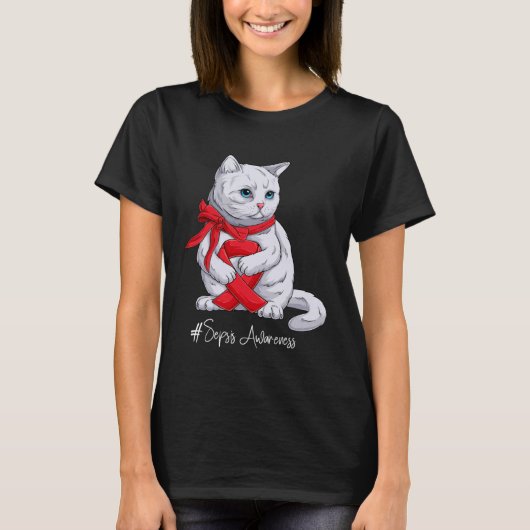 Sepsis Awareness Maand Rood Lint Kat T-shirt (Voorkant)