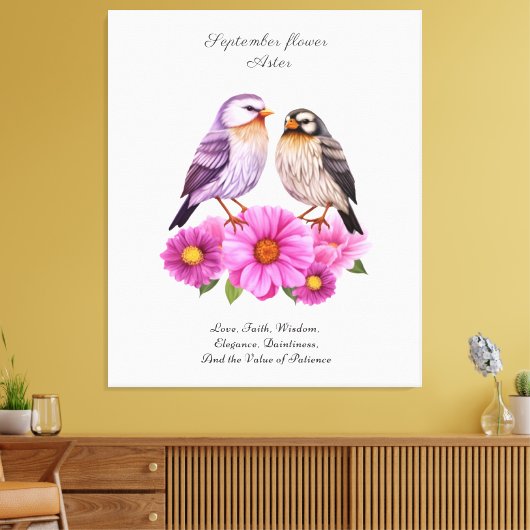 September Aster Bloem met Vogels Geboortegeschenk Canvas Afdruk (Insitu (Woonkamer))