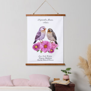September Aster Bloem met Vogels Geboortegeschenk Hangend Wandkleed