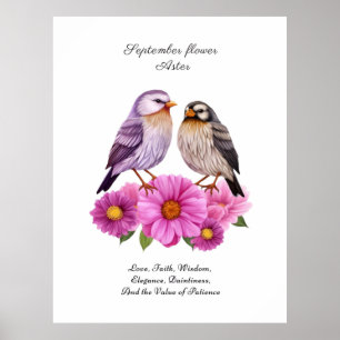 September Aster Bloem met Vogels Geboortegeschenk Poster