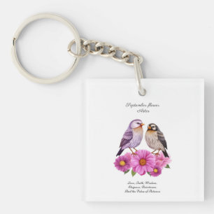 September Aster Bloem met Vogels Geboortegeschenk Sleutelhanger