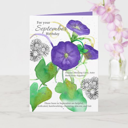 September Birthday Morning Glory Asters Botanical Kaart (Orchidee)