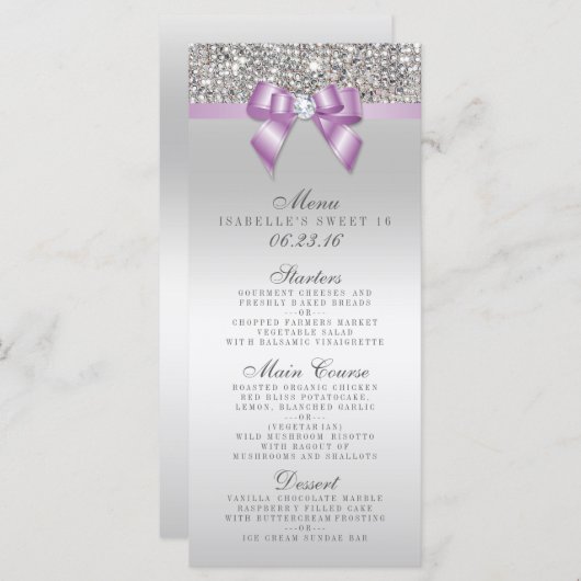 Séquin Argent Lilac Bow Sweet 16 Menu (Devant / Derrière)