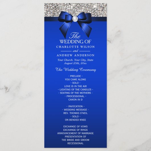 Séquin Argent Royal Blue Bow Wedding Programme (Devant)