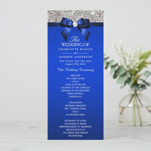 Séquin Argent Royal Blue Bow Wedding Programme (Debout devant)