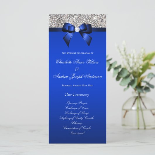 Séquin Argent Royal Blue Bow Wedding Programme (Debout devant)