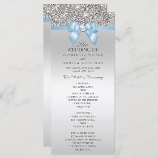 Séquin d'argent Baby Blue Bow Wedding Programme (Devant / Derrière)