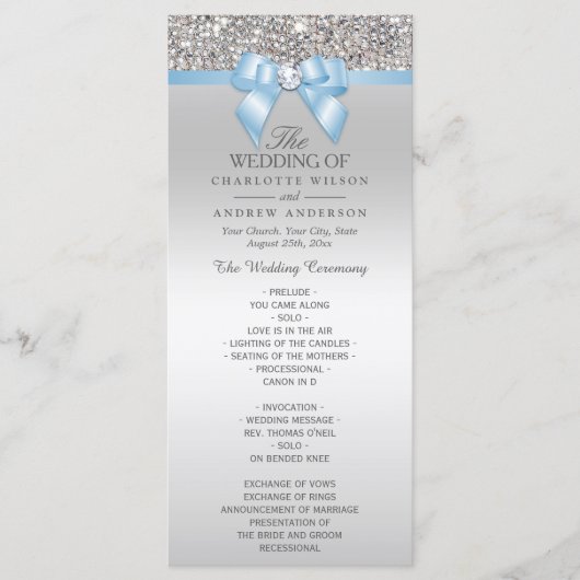 Séquin d'argent Baby Blue Bow Wedding Programme (Devant)