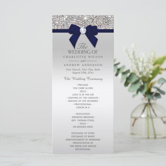 Séquin d'argent Marine Blue Bow Wedding Programme (Debout devant)