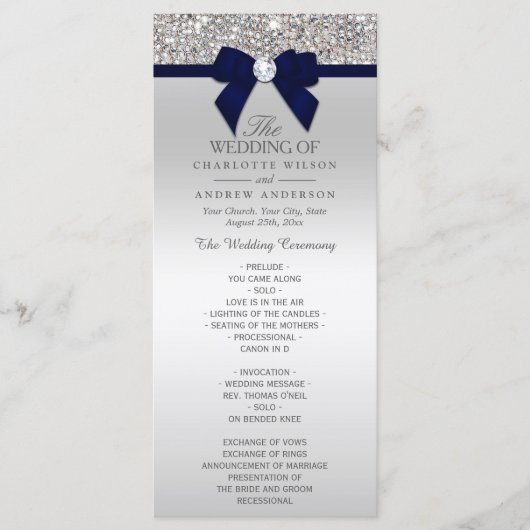 Séquin d'argent Marine Blue Bow Wedding Programme (Devant)