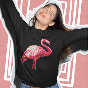 Sequin Gedrukte tropische flamingo Roze Bird Black Trui