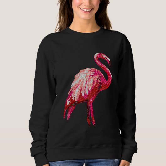Sequin Gedrukte tropische flamingo Roze Bird Black Trui (Voorkant)