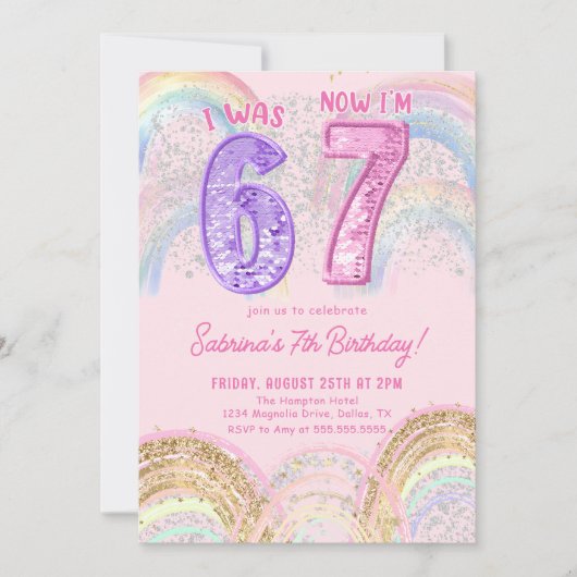Sequin Rainbow Six Seven 67 Birthday Invitation (Devant)