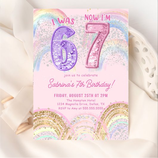 Sequin Rainbow Six Seven 67 Birthday Invitation