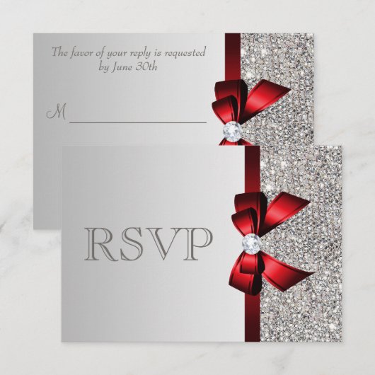 Séquines d'argent Diamond Red Bow Wedding RSVP (Devant / Derrière)