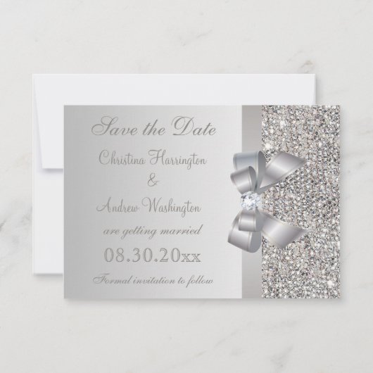 Sequins Argent, Nœud & Diamant Save the Date (Dos)