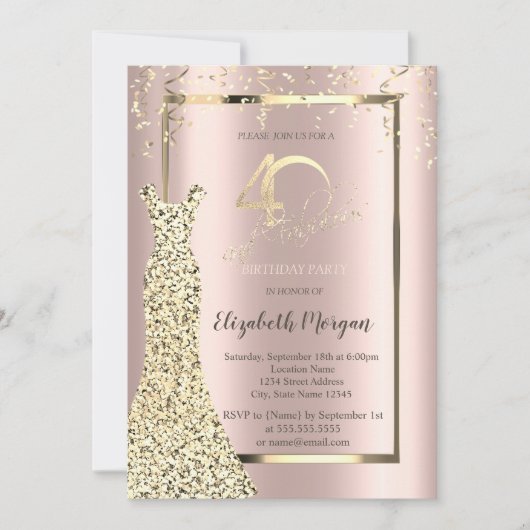 Sequins Robe Rose Or 40e Anniversaire Invitation (Devant)