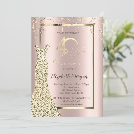 Sequins Robe Rose Or 40e Anniversaire Invitation (Debout devant)