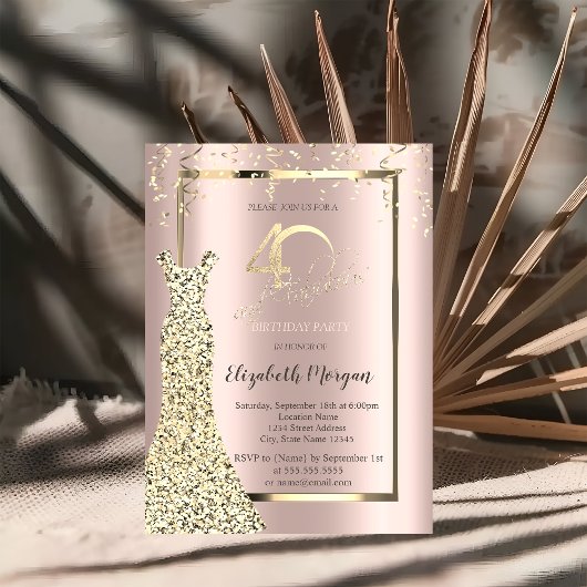 Sequins Robe Rose Or 40e Anniversaire Invitation