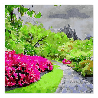 Sereen tuinpad met levendige roze bloemen perfect poster