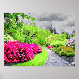 Sereen tuinpad met levendige roze bloemen poster