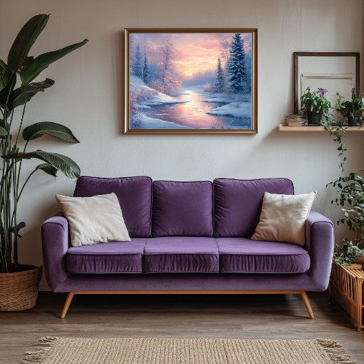 Sereen winterlandschap met besneeuwde bomen canvas afdruk