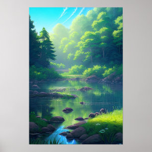 Serenade van de zomer, rivier in het groene bos poster