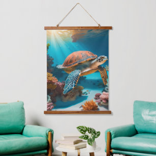 Serene 3D Zee schildpad in de oceaan - Tranquil Ma Hangend Wandkleed