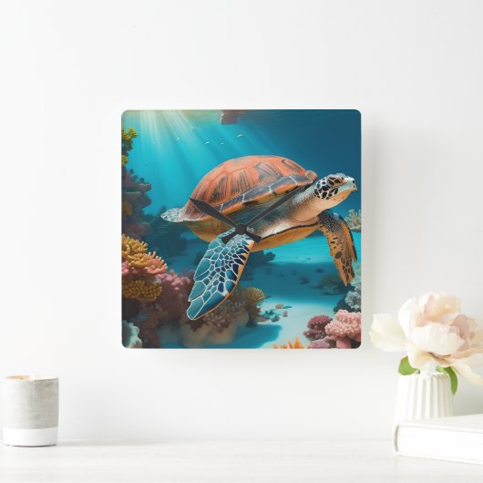 Serene 3D Zee schildpad in oceaan Tranquil Marine Vierkante Klok (Huis)