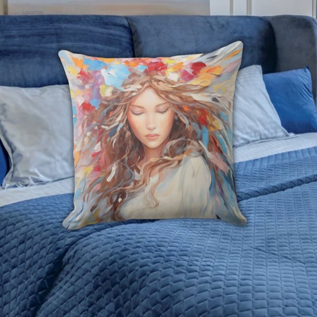 Serene Abstrait Angel Coussin - Artistique dynamiq (Serene Bright Colorful Angel Abstract Pillows on a Blue Bed Free Spirit Vibe for Any Age)