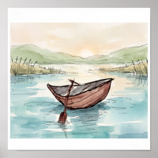 Serene Aquarel Houten Boot Meren Scene Poster