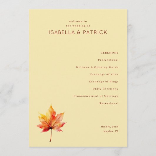 Serene Beige Autumn Leaf Wedding Ceremony Programma (Voorkant)