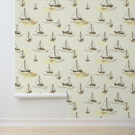Serene Beige zeilboten op Zee Pattern Behang (Applicatie)