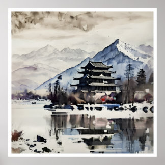 Serene Berg Pagode, winterposter Poster