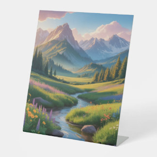 Serene bergvallei landschap muur kunst print reclamebord met voetstuk