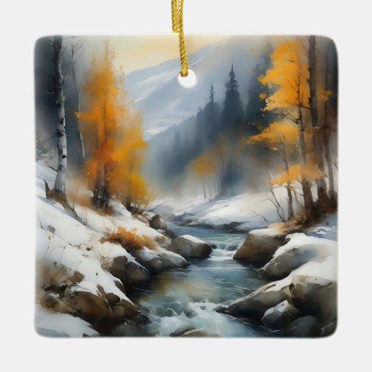 Serene besneeuwde winter rivier landschap schilder keramisch ornament (Voorkant)