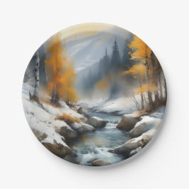 Serene besneeuwde winter rivier landschap schilder papieren bordje