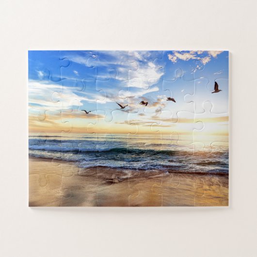 Serene Birds Blue Sky Golden Ocean Sunrise Puzzle (Horizontal)
