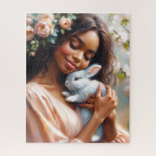 Serene Black Woman With Rabbit Floral Art Puzzle Legpuzzel (Verticaal)
